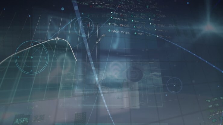 Animation of diverse financial data and graphs over blue screens with network icons