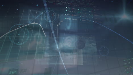 animation of diverse financial data and graphs over blue screens with network icons
