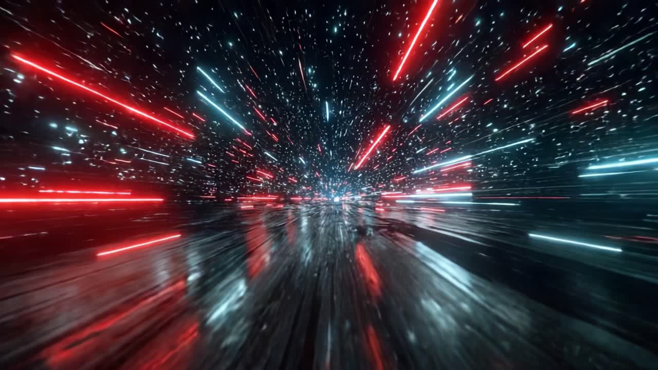 En Dynamisk Rejse Gennem et Neonunivers: Blændende Lys og Hastighed Skaber en Fængslende Visuel Oplevelse af Bevægelse i et Futuristisk Miljø
