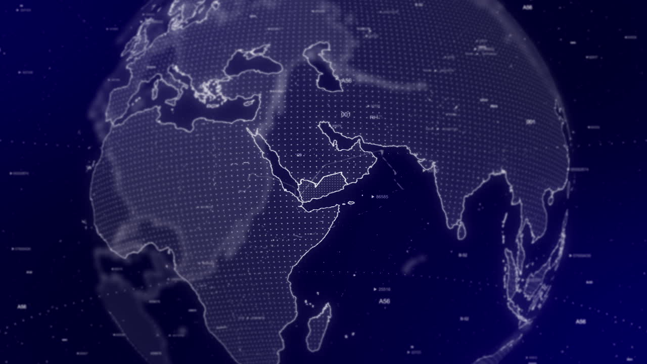 영화화 된 비디오 배경 은 예멘 나라 를 확대 하여 회전 하는 디지털 지구 를 보여 줍니다