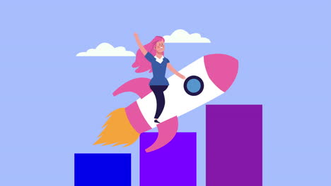 mujer de negocios en cohete con barras de estadísticas animadas