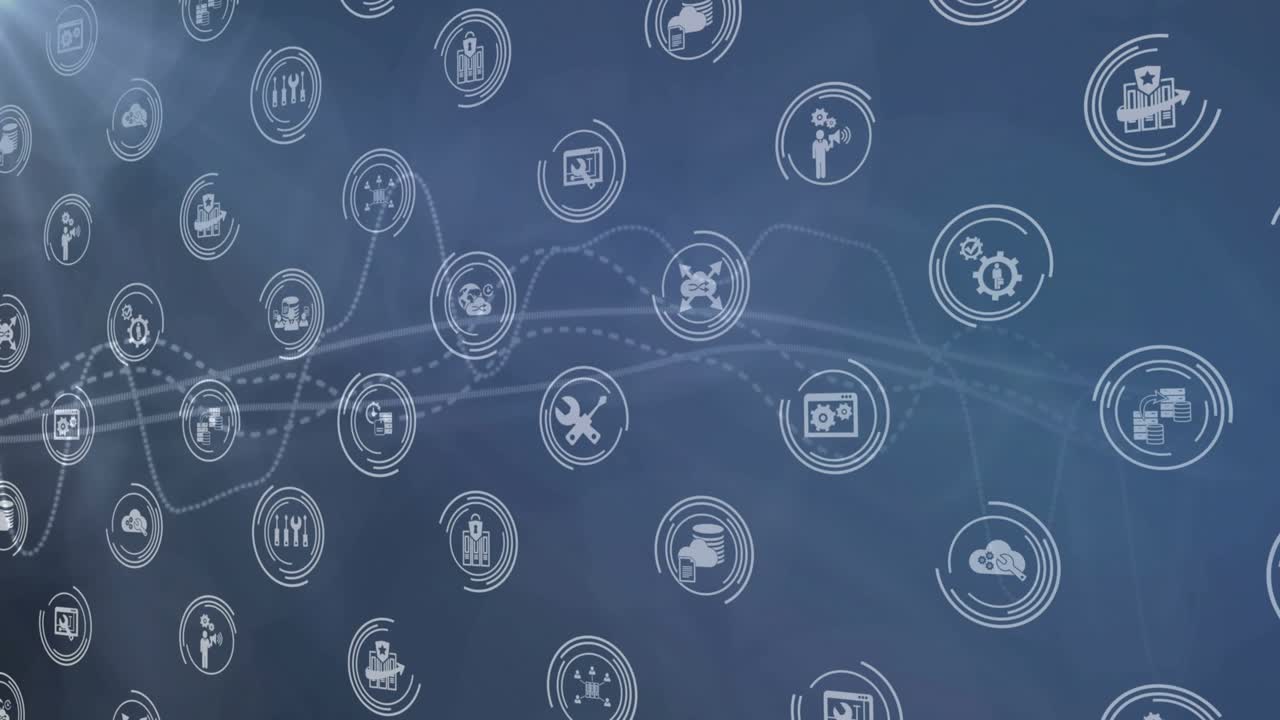 Svag bølgeform kommer frem fra venstre og væver sig gennem tech-ikoner, mens drivende ikoner fremhæver dataflow.
