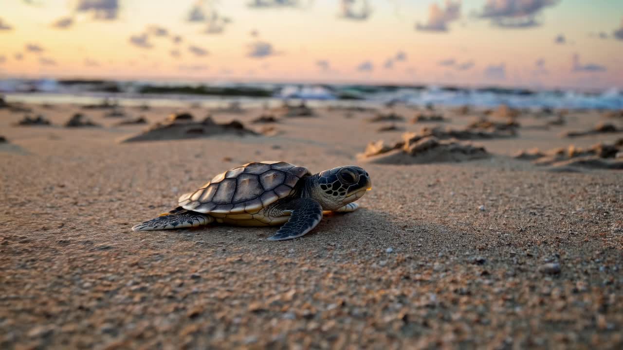 Low-angle video shot of a baby turtle on a sandy beach at sunset, capturing a serene and natural