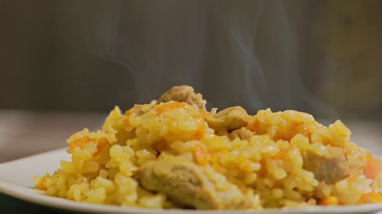 piatto di pilaf caldo, pilau, pilaw o pilaf con carne di tacchino girata sul piatto