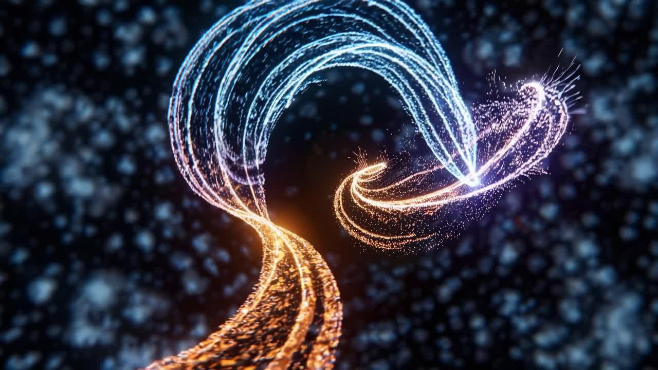 A display of dynamic light patterns contrasts vibrant orange and cool blue swirls against a dark backdrop. These colorful trails move gracefully, intertwining and changing form, creating a mesmerizing effect. Visual elements shift with fluidity, giving a sense of movement and rhythm. This captivatin