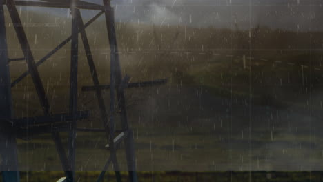 animación de la lluvia y la tormenta sobre los postes de electricidad al atardecer
