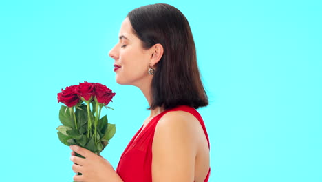 rose, smell and face of woman in studio