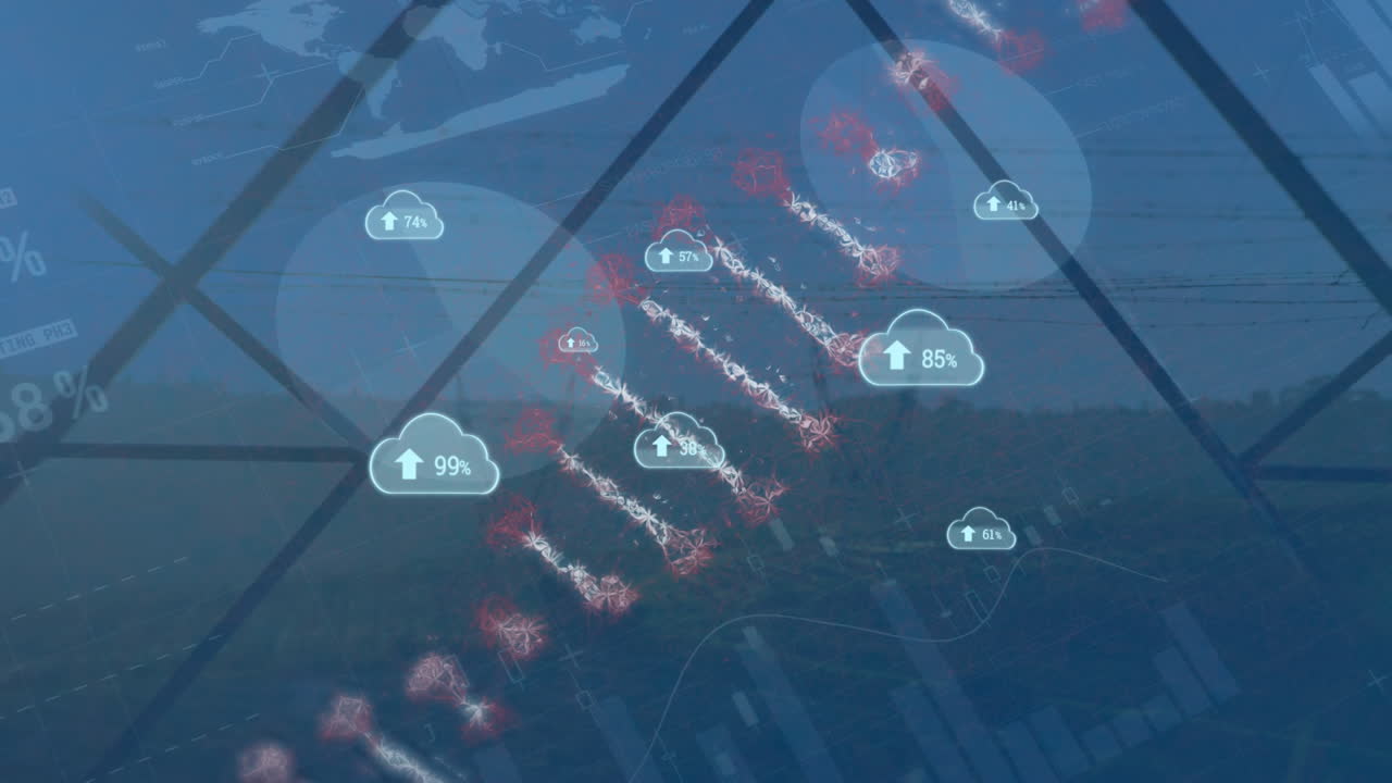 animación de nubes con números y cadenas de adn sobre gráficos y datos en fondo azul