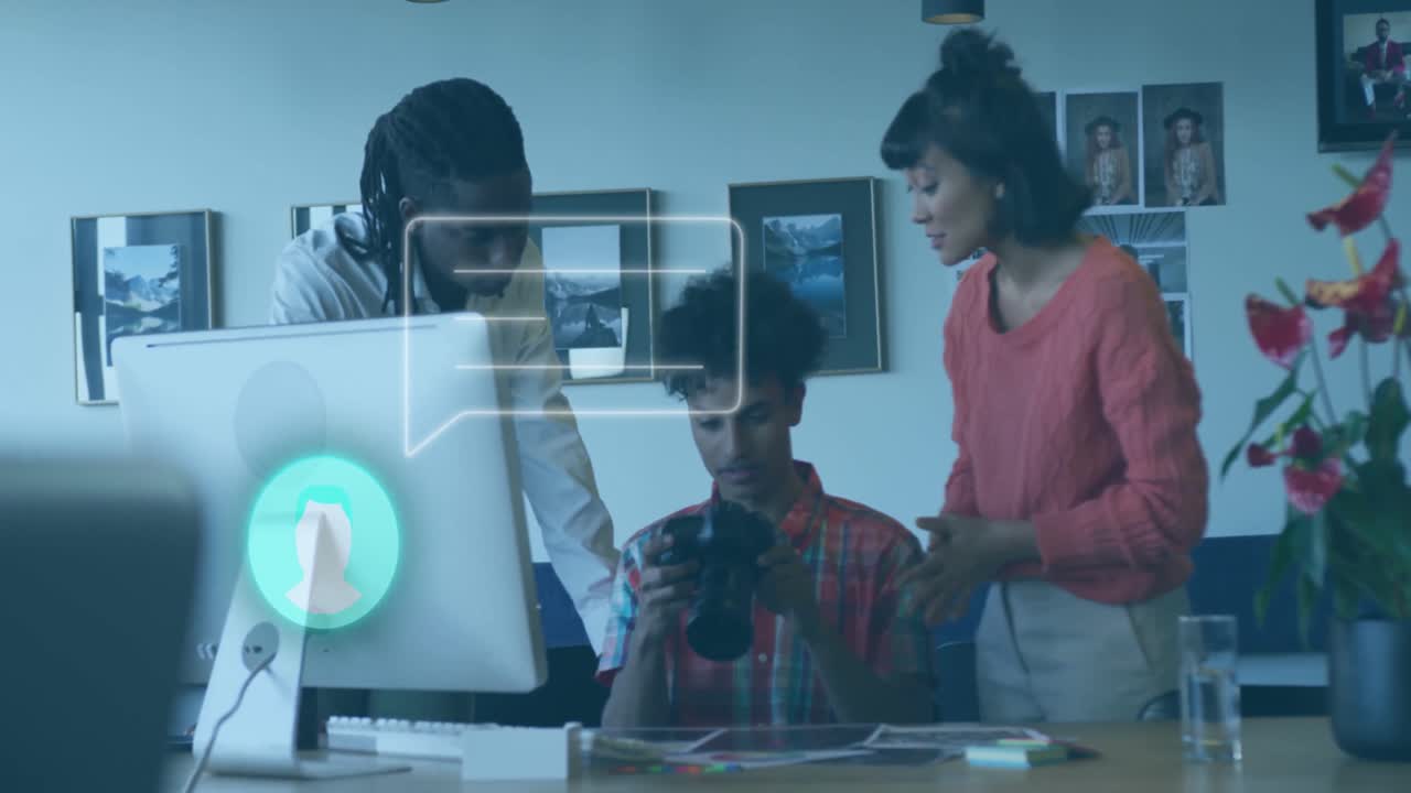 Animation of profile and message icon over diverse photographers discussing over digital camera