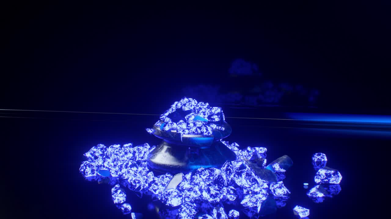 게임 컨셉: 체스 기사, 반이는 입자로 무너지며, 파란 네온 빛, 3d 애니메이션, 원활한 루프.