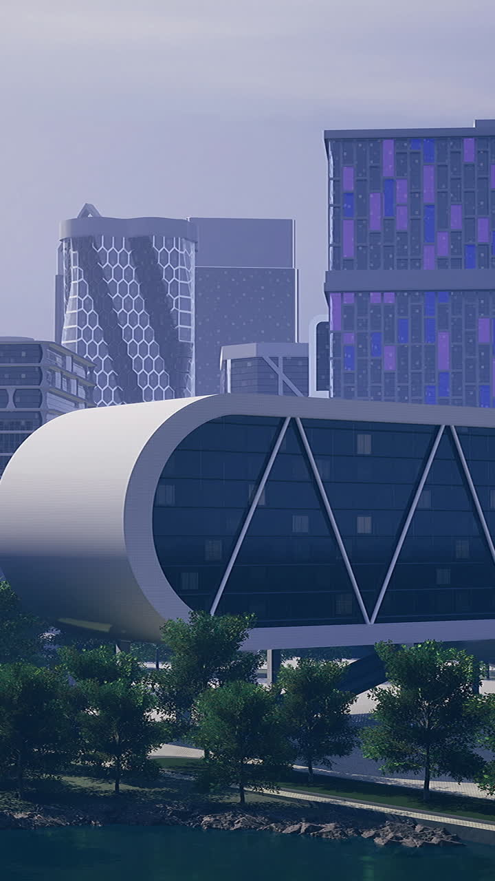 Modern architecture along a riverbank in a futuristic cityscape during twilight