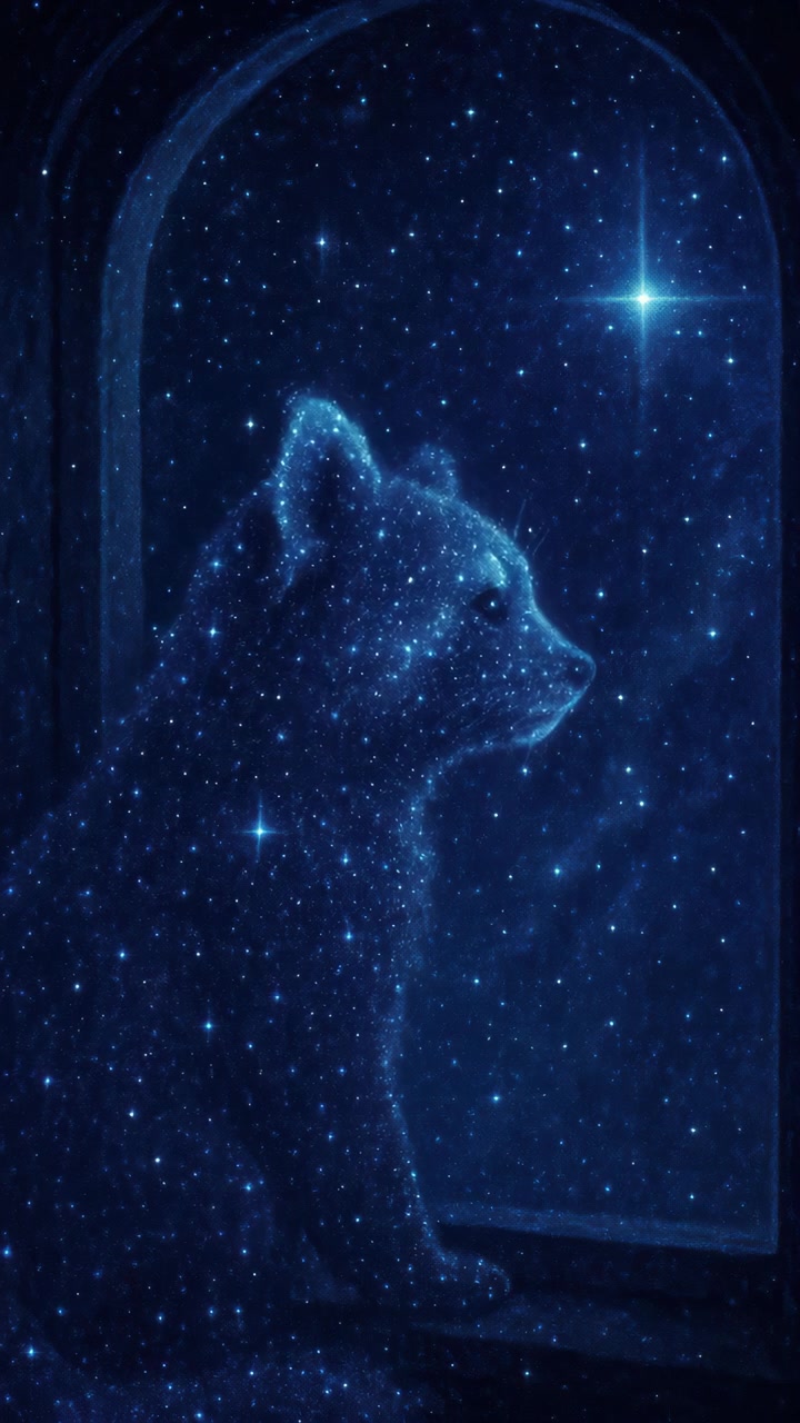 Silhouette di orso celeste che guarda fuori da una finestra di notte
