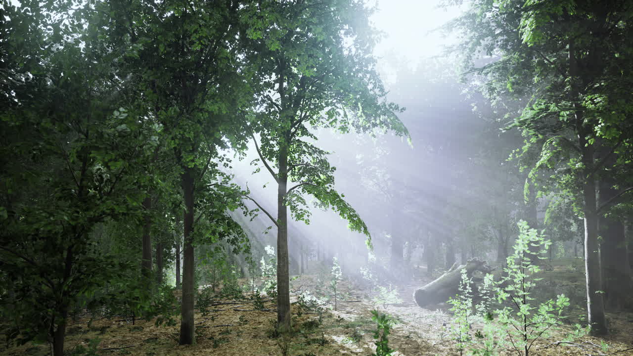 Sunlight filters through dense trees in serene forest landscape