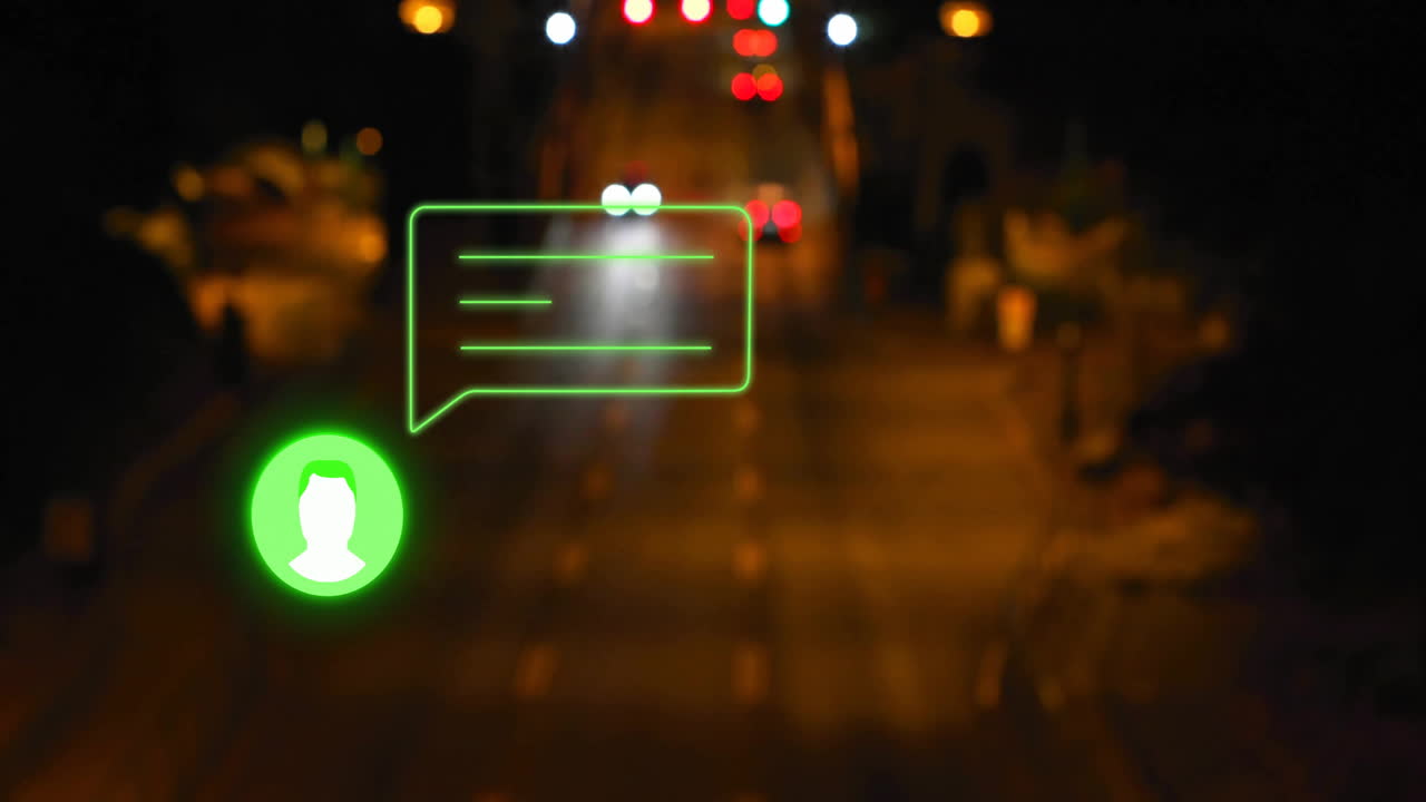 Chat message notification animation over blurred city street at night