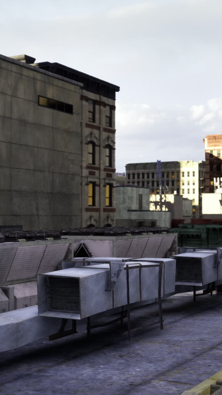 Rooftop view of city buildings under cloudy sky during late afternoon