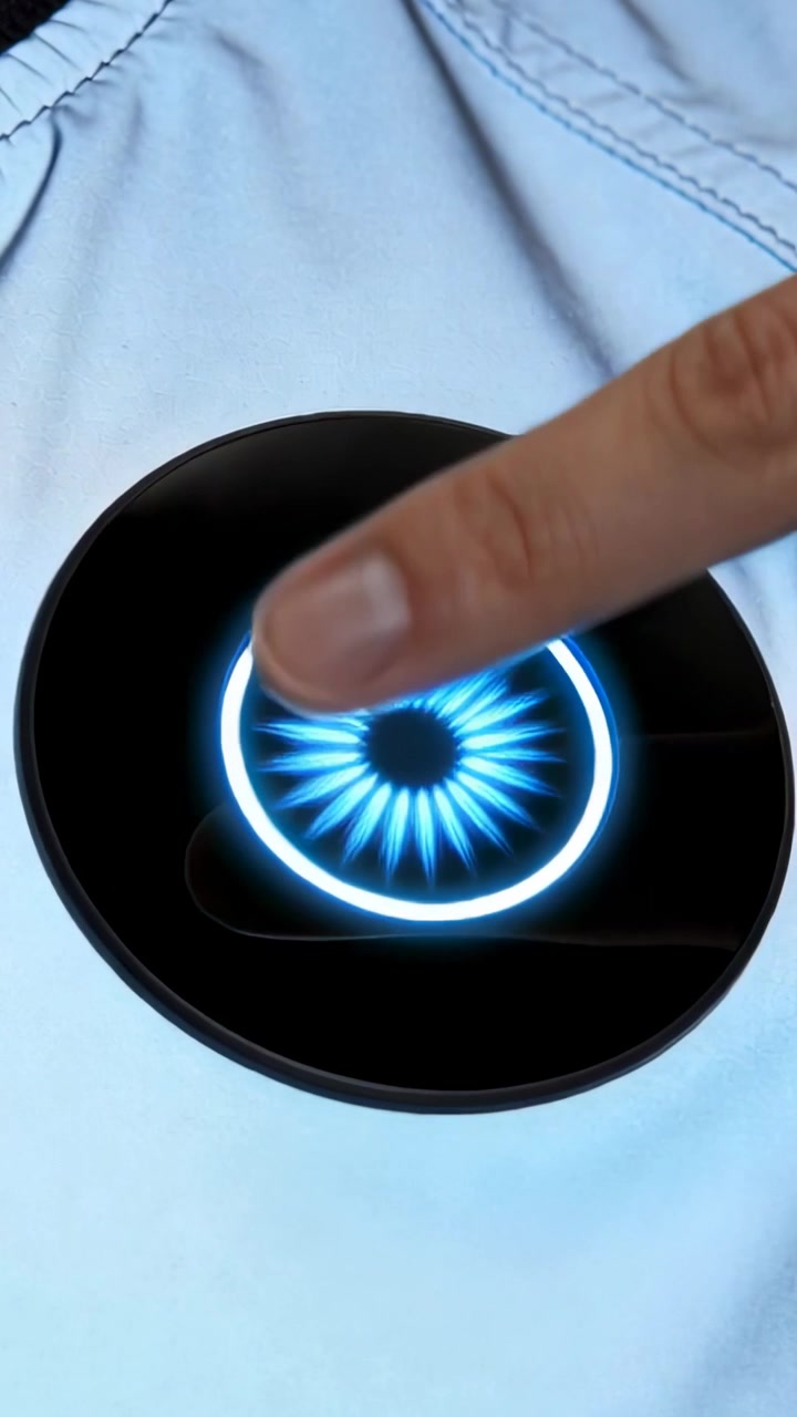 Video verticale: Dito indice destro che preme su un dispositivo nero rotondo su una superficie bianca, testando un LED blu.