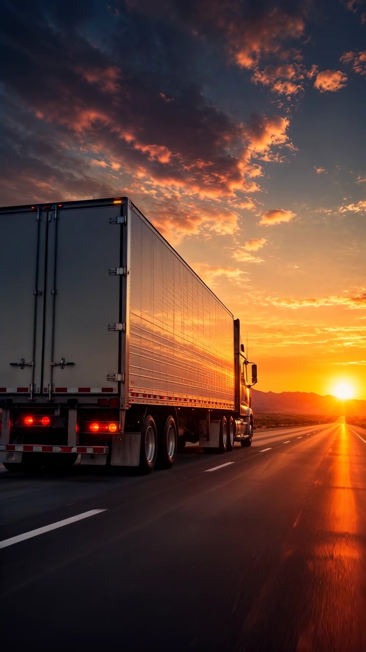 Una vista posteriore sinistra mostra un autoarticolato, rimorchio che si muove lungo un'autostrada aperta mentre il sole tramonta all'orizzonte, con fanali posteriori luminosi, carrozzeria riflettente, segnaletica orizzontale, cielo caldo, atmosfera serale tranquilla
