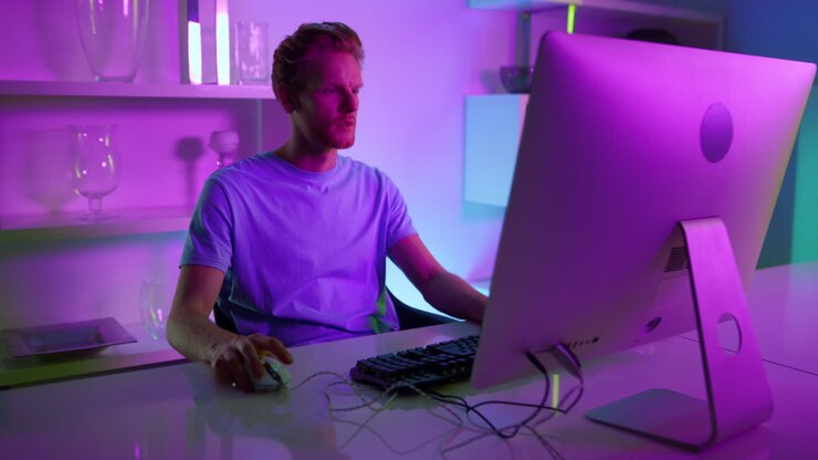 Mand i neonlys ser på computerskærm, arbejder hjemmefra. Fokuseret spiller nyder aftenen.