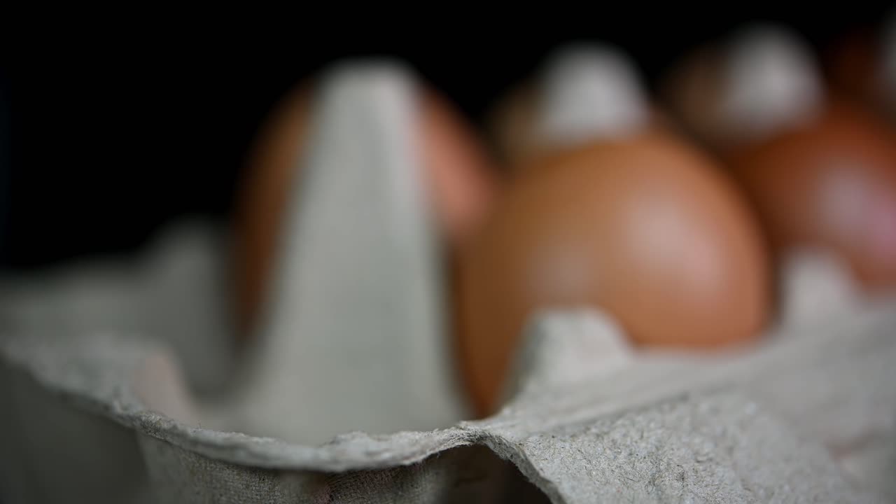 Hand seen placing three eggs from the right to the middle and to the left side, Eggs in a paper tray, Food and Cooking
