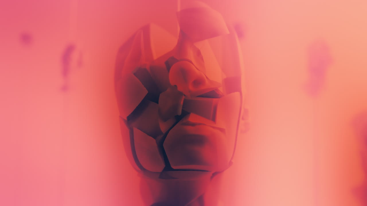 Destroyed android heads on spikes on the neon pink background