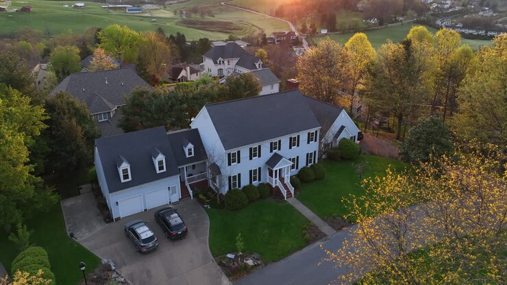 Maison américaine traditionnelle à flanc de colline dominant une vallée, avec un magnifique coucher de soleil chaleureux à l'heure dorée