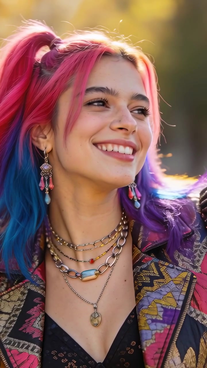 Video verticale: Modella sorridente che gira la testa al parco all'inizio della ripresa, indossando una giacca trapuntata e catene.