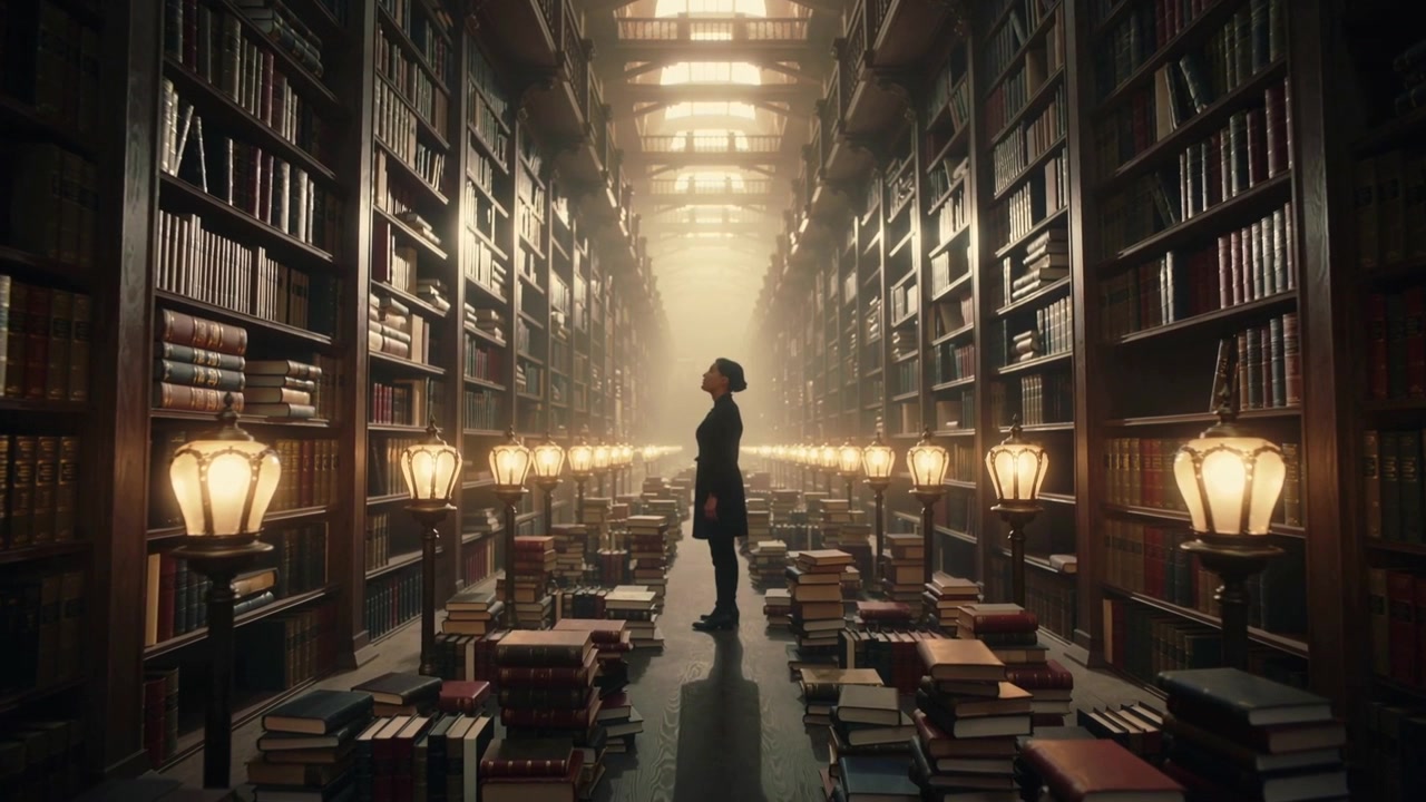 Entering woman pausing in library, admiring tall shelves and skylight, wearing dark coat and boots