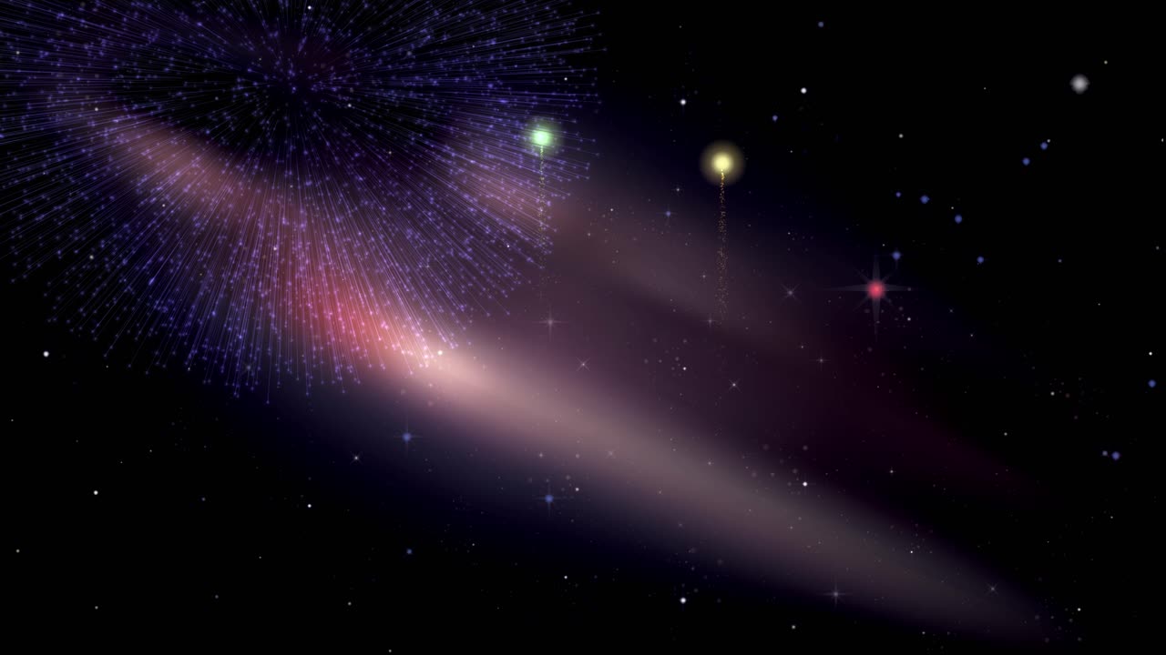 Vibrant fireworks explode across a dark cosmic background with a glowing nebula and distant stars
