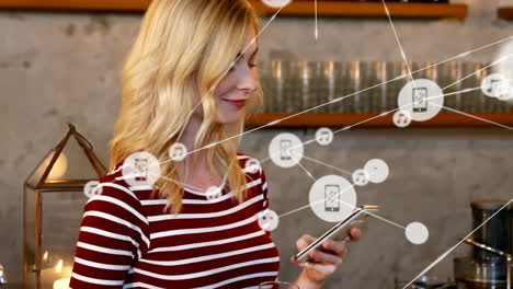 Animation-of-network-of-connected-icons-in-circles-over-happy-caucasian-woman-using-smartphone