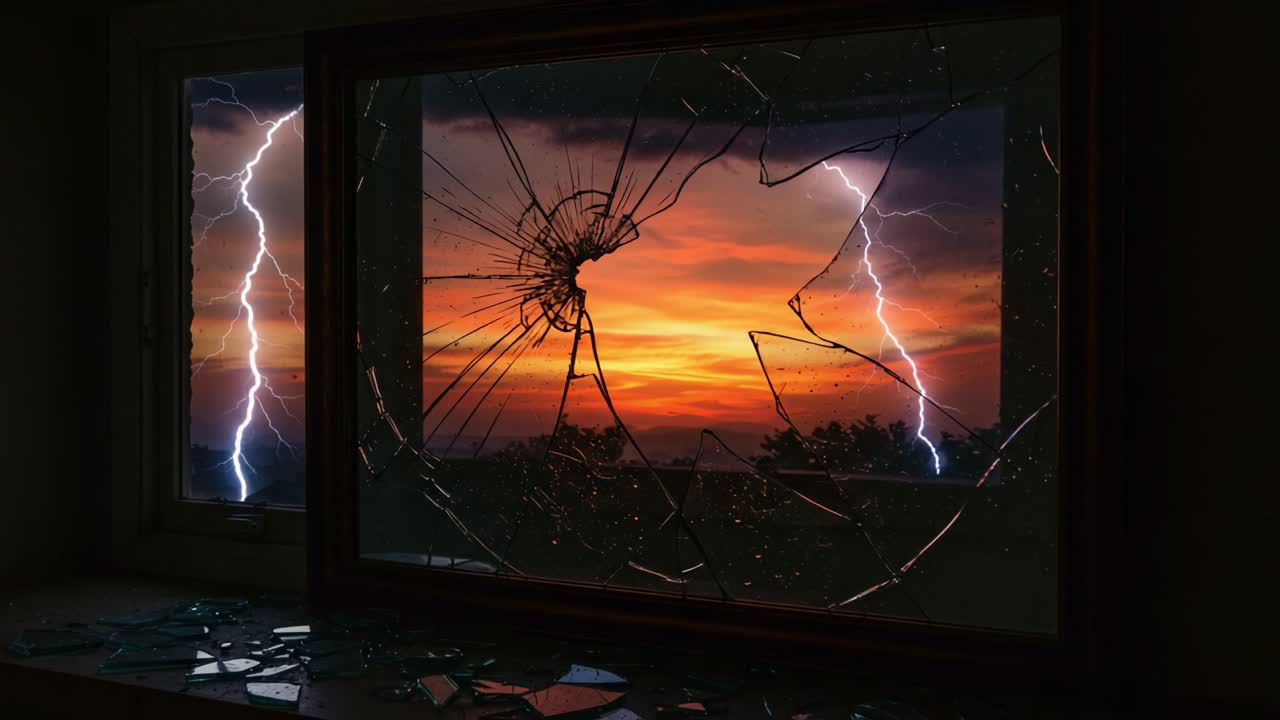 A Dramatic Scene of Nature's Fury: Lightning Strikes Illuminate a Stunning Sunset Through a Shattered Window Frame