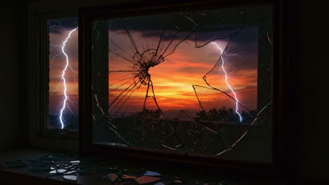 a dramatic scene of nature's fury: lightning strikes illuminate a stunning sunset through a shattered window frame