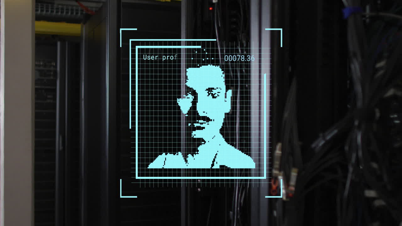 animación de múltiples iconos de perfiles cambiantes contra el primer plano de un servidor de computadora.