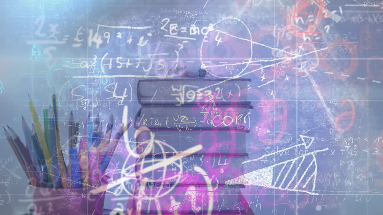 배경에 책과 함께 손으로 쓴 수학 방정식의 애니메이션