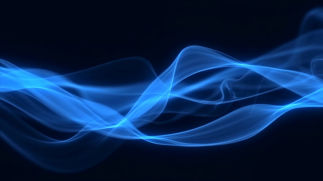 Blue Smoke Ribbons Drifting Across Dark Background With Silky Fluid Motion, Translucent Waves Form Graceful