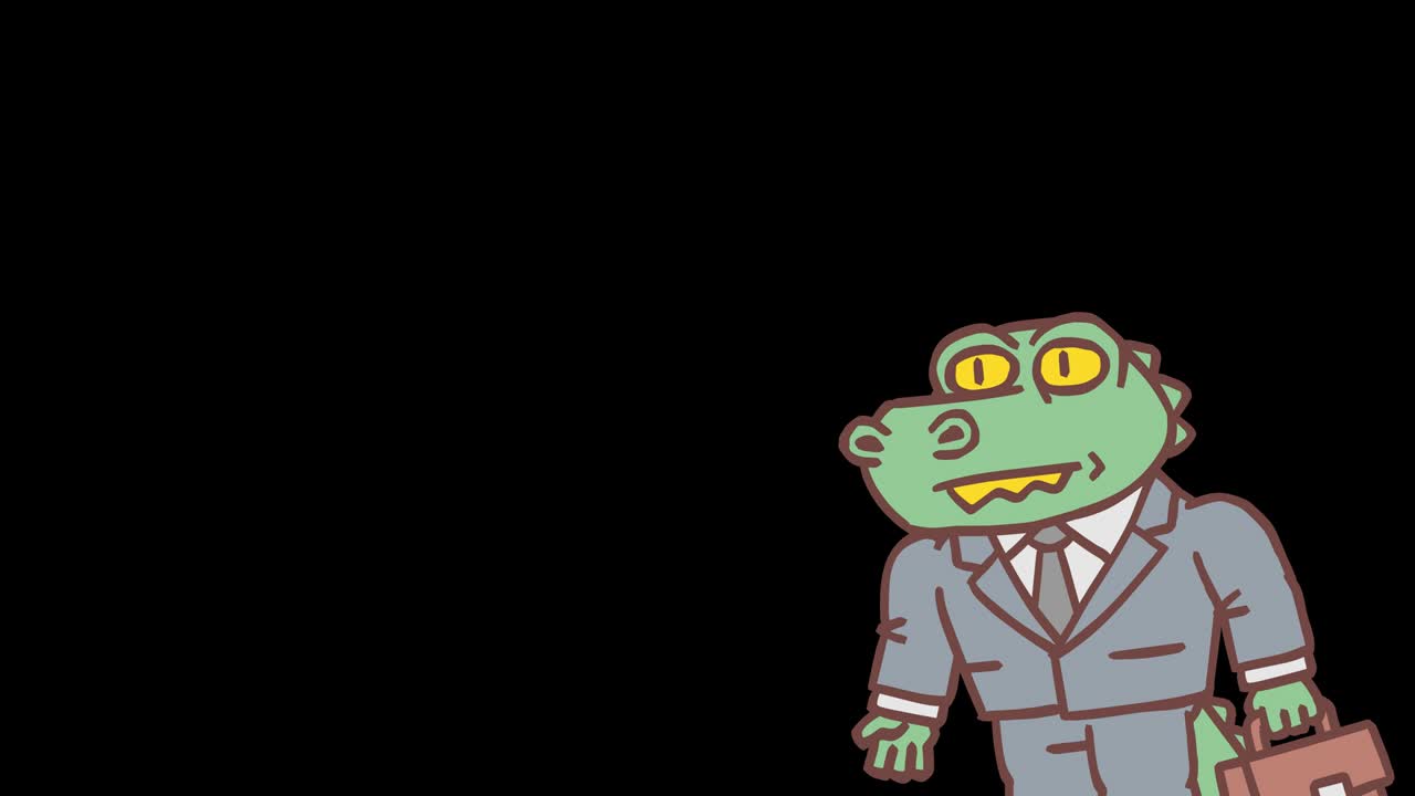 personaje de cocodrilo que muestra los pulgares hacia arriba y señala con el dedo. animación cuadro por cuadro. canal alfa