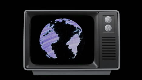 animation of vintage tv with globe on black background
