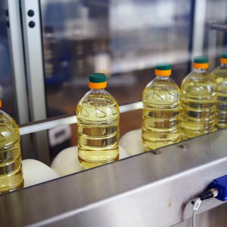 production of oil inside the factory. sunflower oil in the bottles moving on production line. factory for the production of refined sunflower oil.
