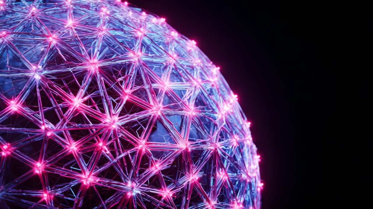 An intricate glowing sphere showcases a stunning design of interconnected lines and vibrant lights, creating a mesmerizing visual effect that captivates the viewer's attention