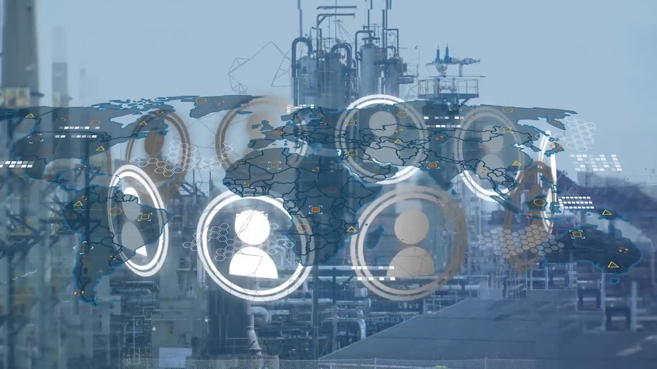 animación de múltiples iconos de perfil girando sobre el mapa del mundo contra el sitio de construcción