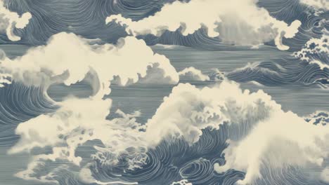 Aerial view of stylized waves and clouds in a Japanese art style, perfect for a serene video