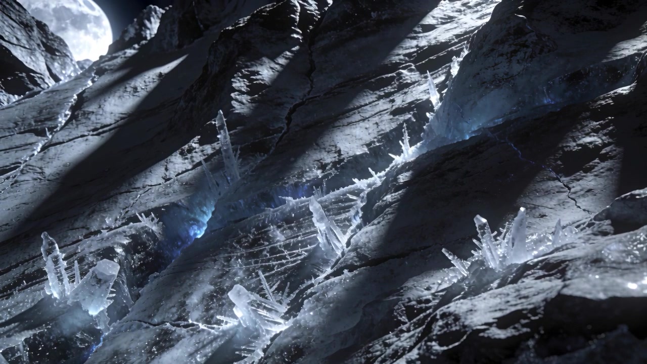 Panning camera revealing translucent crystal spires on moonlit rocky slope to show faint blue glow