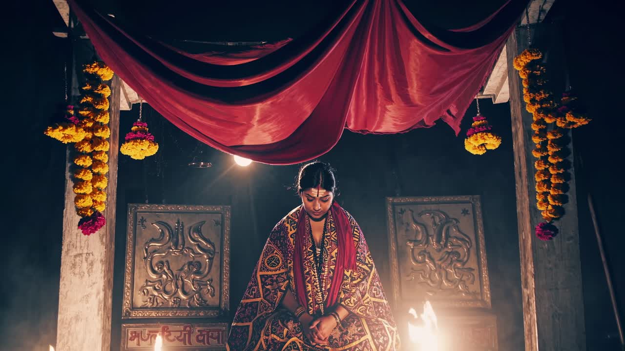 Indian woman meditates peacefully in a mystical shrine, illuminated by the warm glow of candles and surrounded by vibrant floral decorations, creating a serene and spiritual atmosphere at night