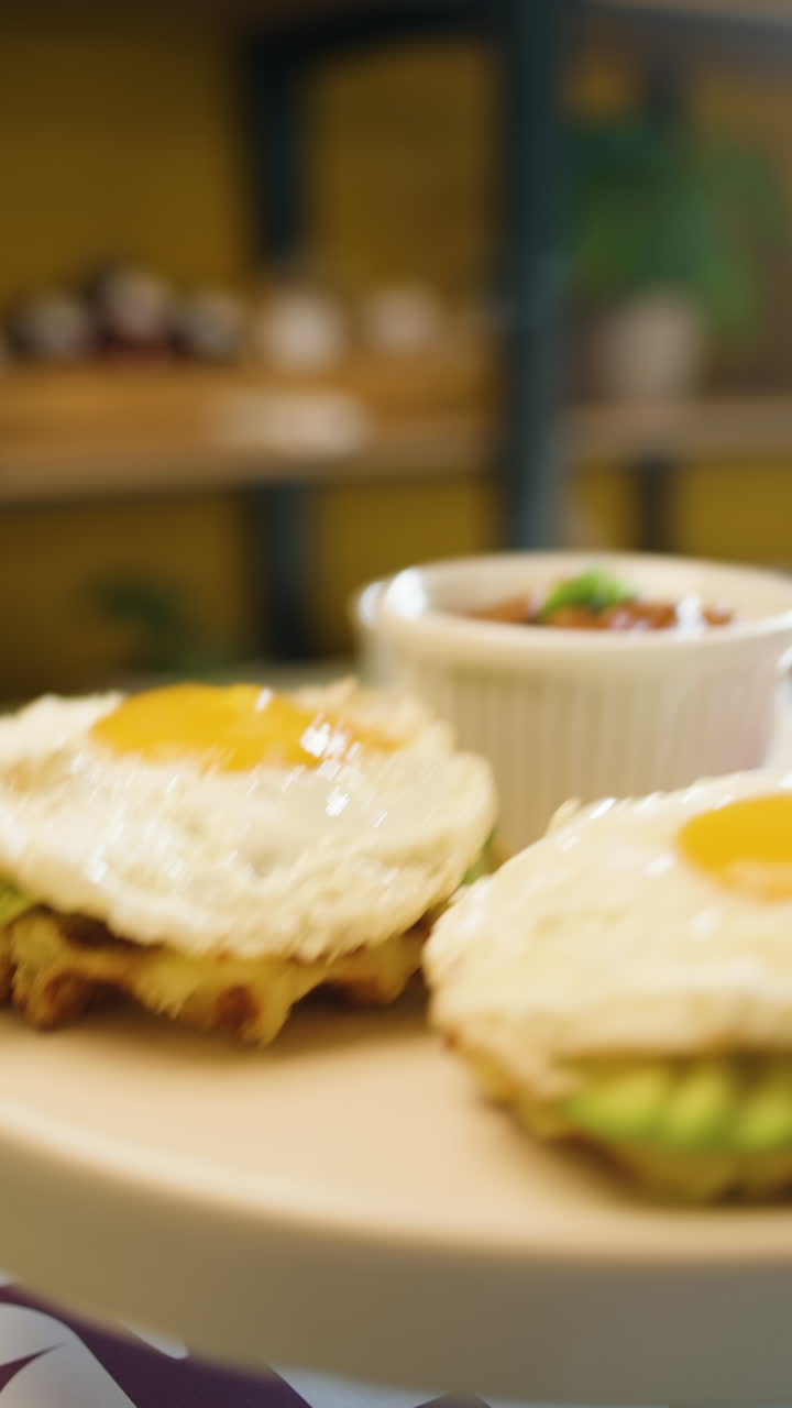 Primo piano di una colazione appetitosa a base di uova fritte servite su una base di waffle, accompagnate da una piccola porzione di guarnizione e salsa