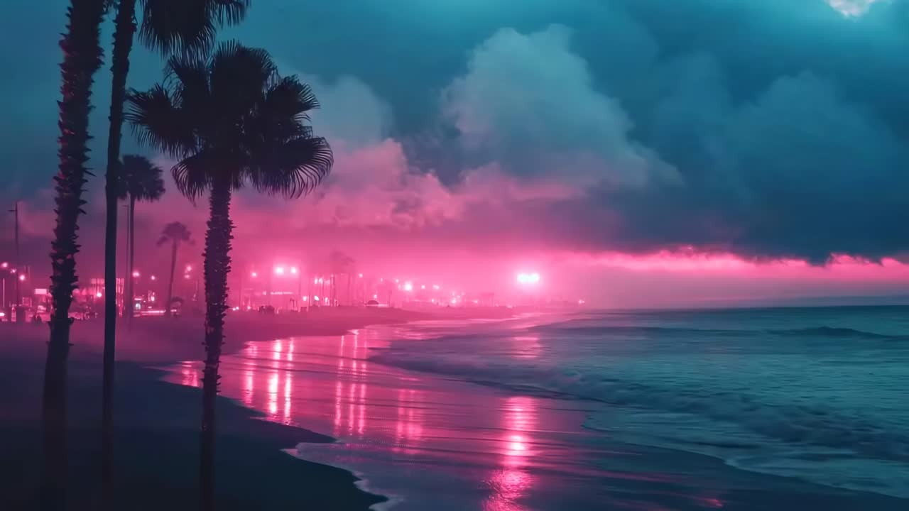 Una scena da spiaggia da sogno, illuminata al neon al crepuscolo con palme, ripresa da un angolo basso, che evoca un'atmosfera retrò