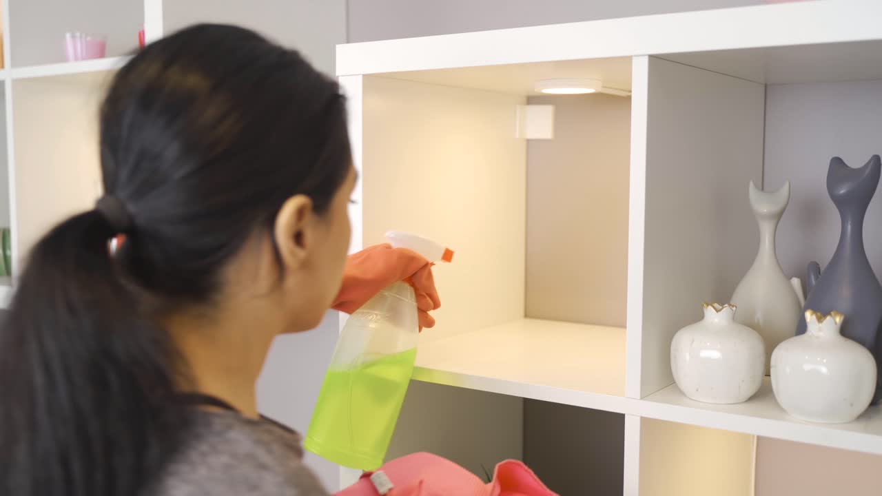 집에서 젊은 여성의 세부 청소.