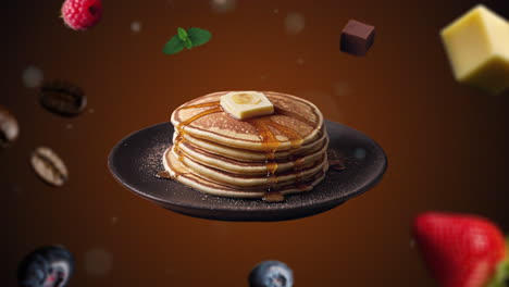 Regular-Pancakes-with-honey-Animation-intro-for-advertising-or-marketing-on-dark-orange-backgroun-for-restaurants-with-the-ingredients-of-the-dessert-flying-in-the-air---add-price-or-sale