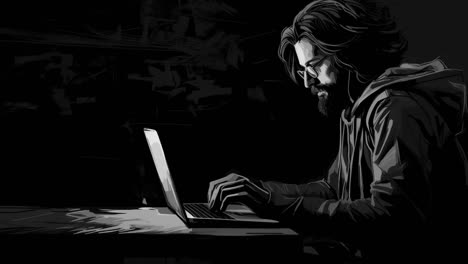 man with eyeglasses typing on laptop in dark room