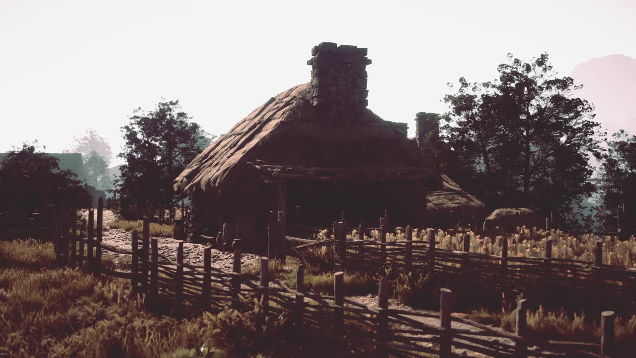 새벽에 중세 마을 오두막집