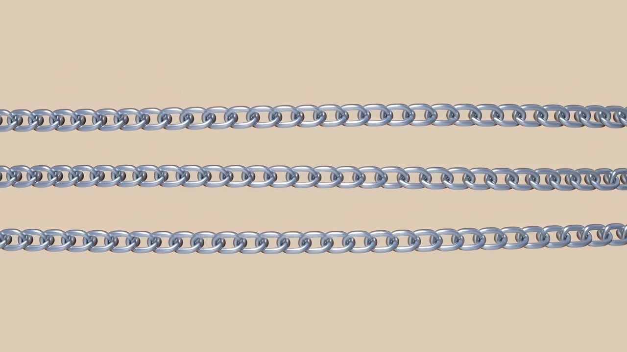 Tre catene metalliche orizzontali equidistanti, composte da maglie ovali interconnesse, poggiano su uno sfondo liscio e caldo color beige, con dettagli di catena, metallo, argento, maglie, anelli, stile industriale, ferramenta.