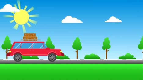 un coche rojo con equipaje está conduciendo por la carretera.